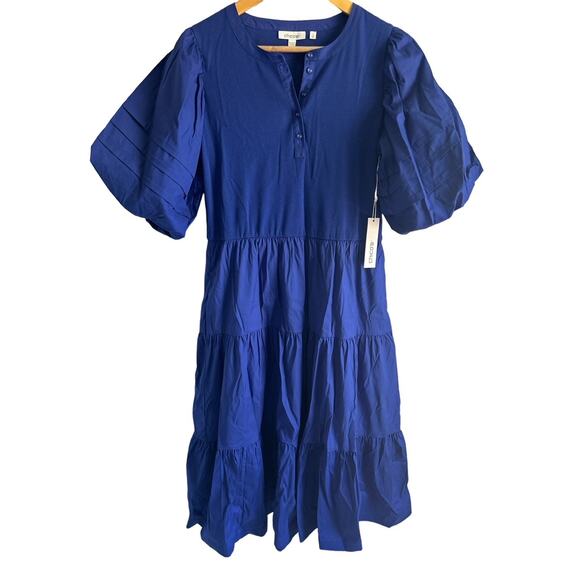 Chico’s Size 1US Medium Blue Tiered Puff Sleeve Midi Dress NEW - Picture 1 of 8